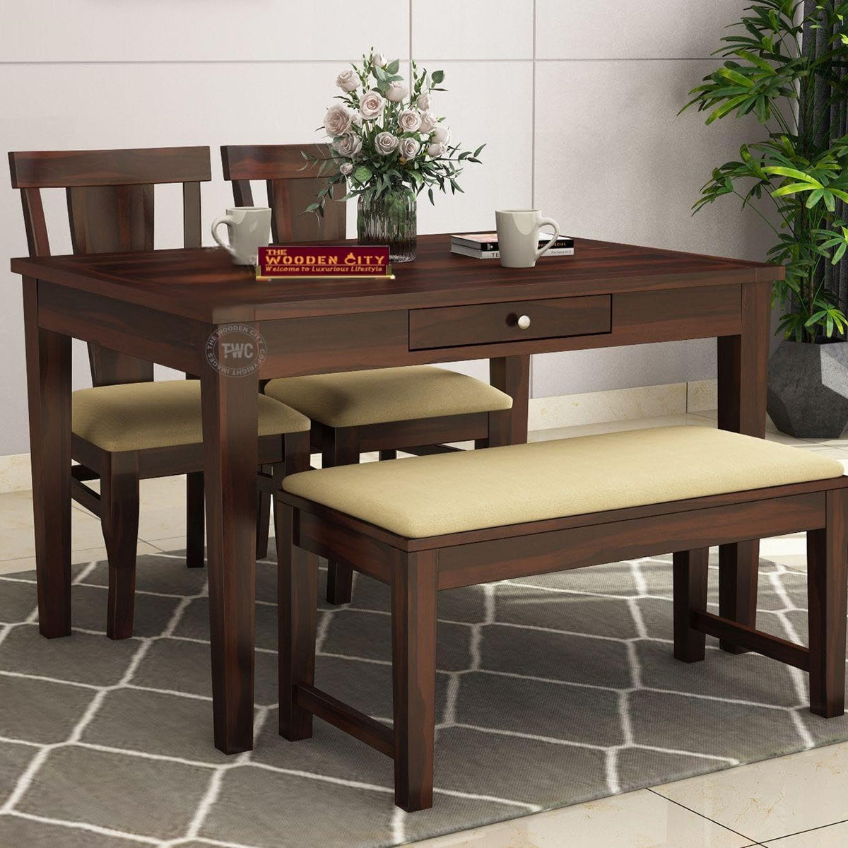 THE WOODEN CITY®️ Solid Sheesham Wood Dining Table 4 Seater Set with 2