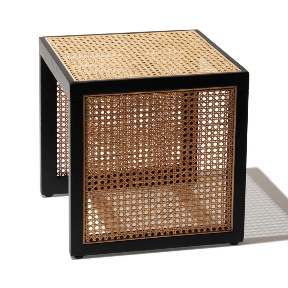 THE WOODEN CITY Nesting Side Table Set with Natural Cane Webbing, Sheesham Wood, Black Finish, Modern Coffee Table for Living Room, 2 Pieces