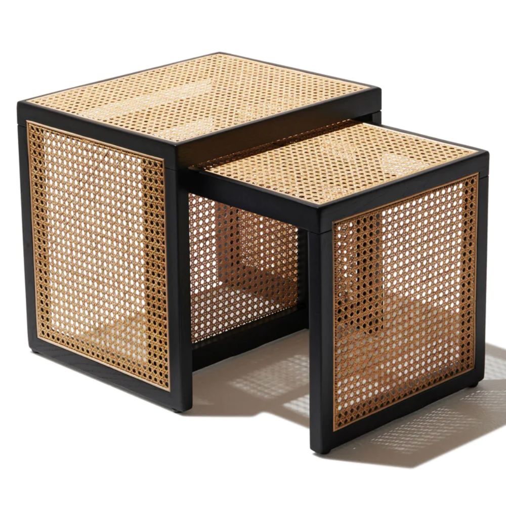 THE WOODEN CITY Nesting Side Table Set with Natural Cane Webbing, Sheesham Wood, Black Finish, Modern Coffee Table for Living Room, 2 Pieces
