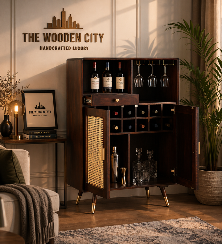 THE WOODEN CITY Wood Rattan Cane Bar Cabinet with Glass Holder Storage (Walnut,Standard)