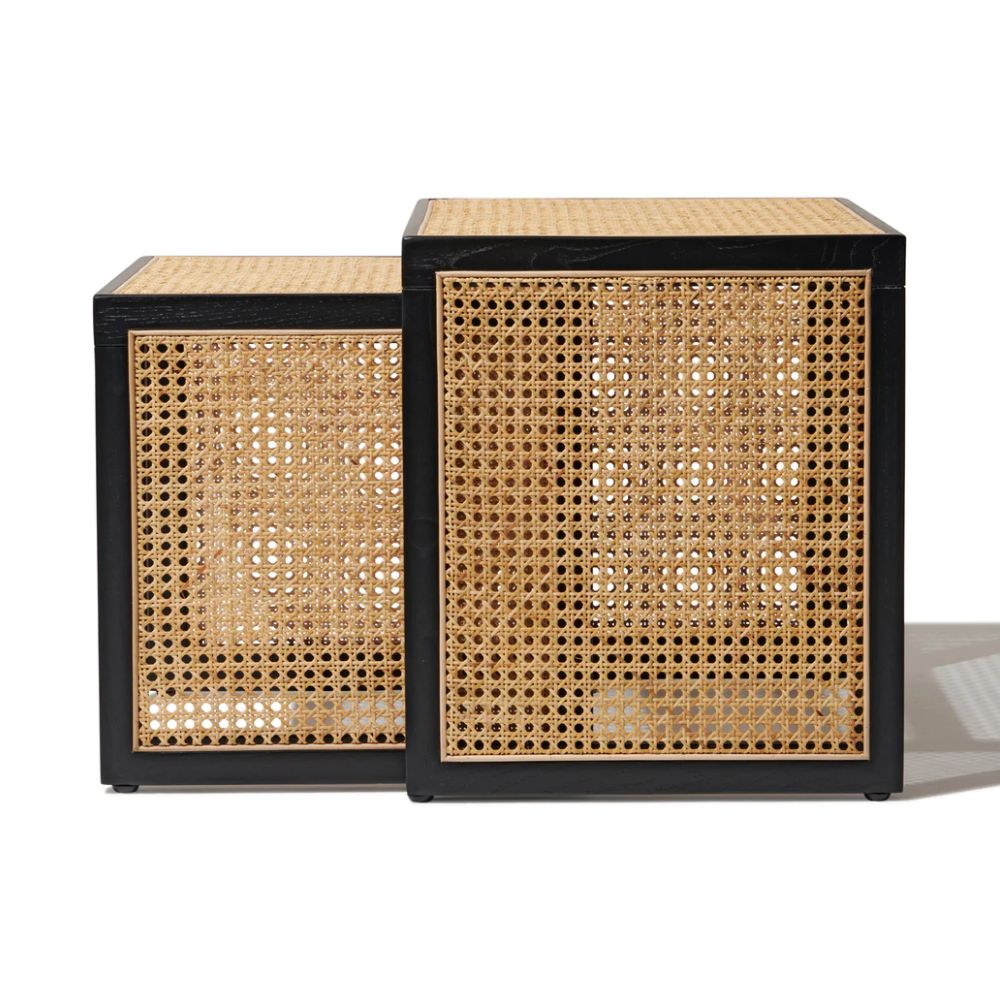 THE WOODEN CITY Nesting Side Table Set with Natural Cane Webbing, Sheesham Wood, Black Finish, Modern Coffee Table for Living Room, 2 Pieces
