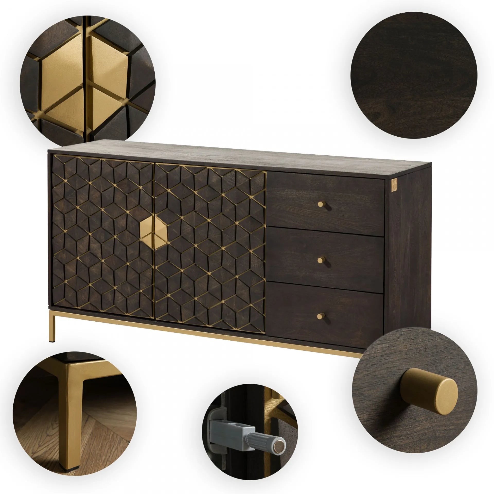 THE WOODEN CITY Stylish Art Deco Mango Wood Chest of Drawers   DIAMOND #110 (WALNUT)