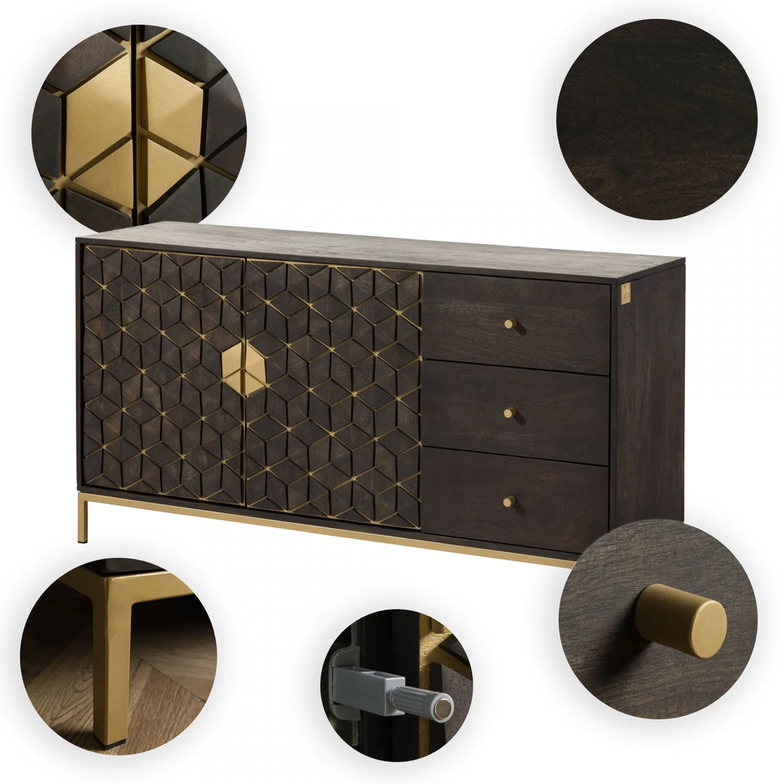 THE WOODEN CITY Stylish Art Deco Mango Wood Chest of Drawers   DIAMOND #110 (WALNUT)