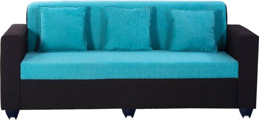 THE WOODEN CITY Fabric 3 Seater Sofa | Wooden Sofa Set for Living Room, Couch Sofa for Living Room, Home & Office - Black & Blue