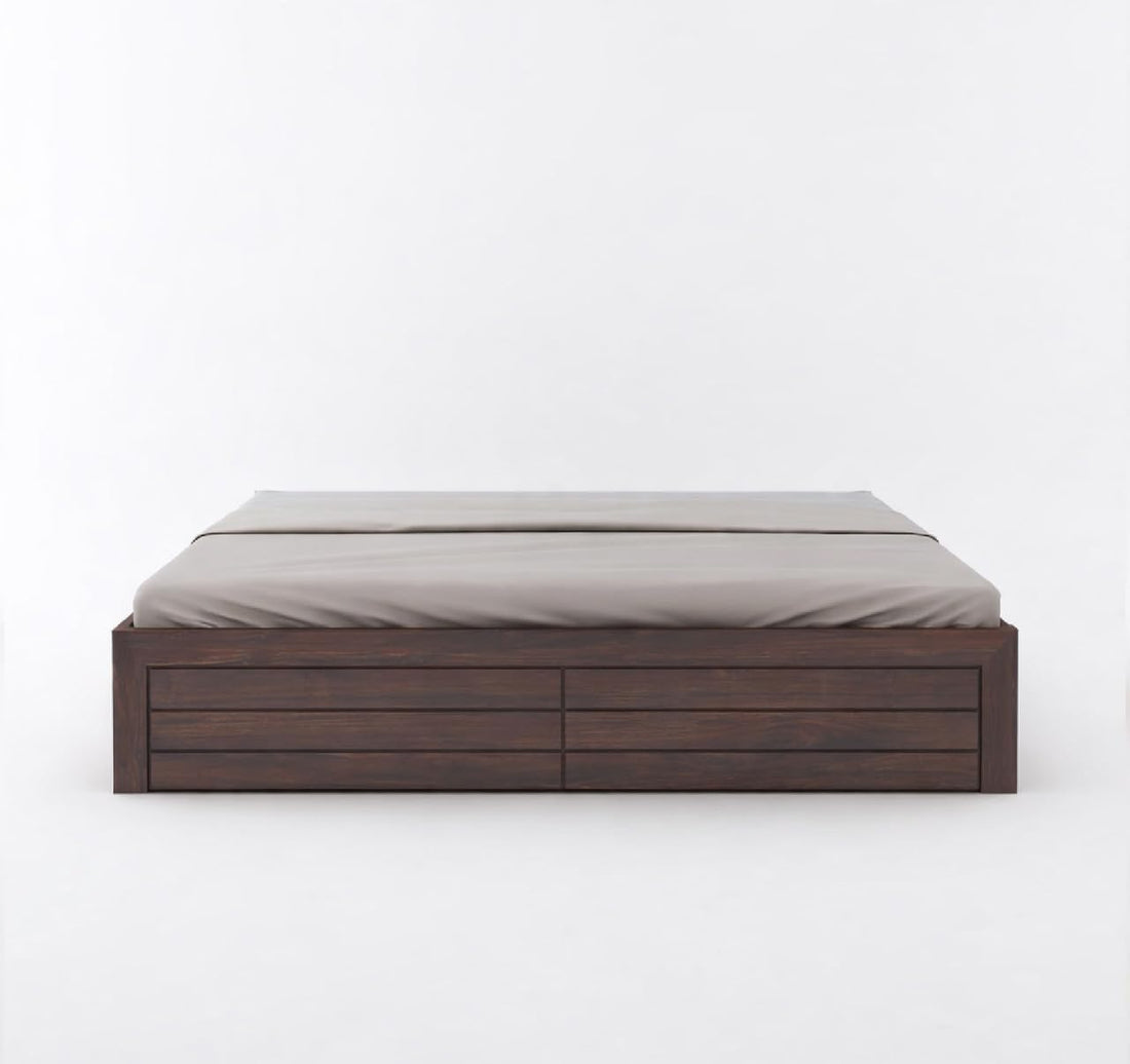 Solid Sheesham Wood King Size Bed with Box Storage | Wooden Double Bed Cot Without Headboard | Storage Bed Frame for Bedroom Furniture  (Walnut Finish)