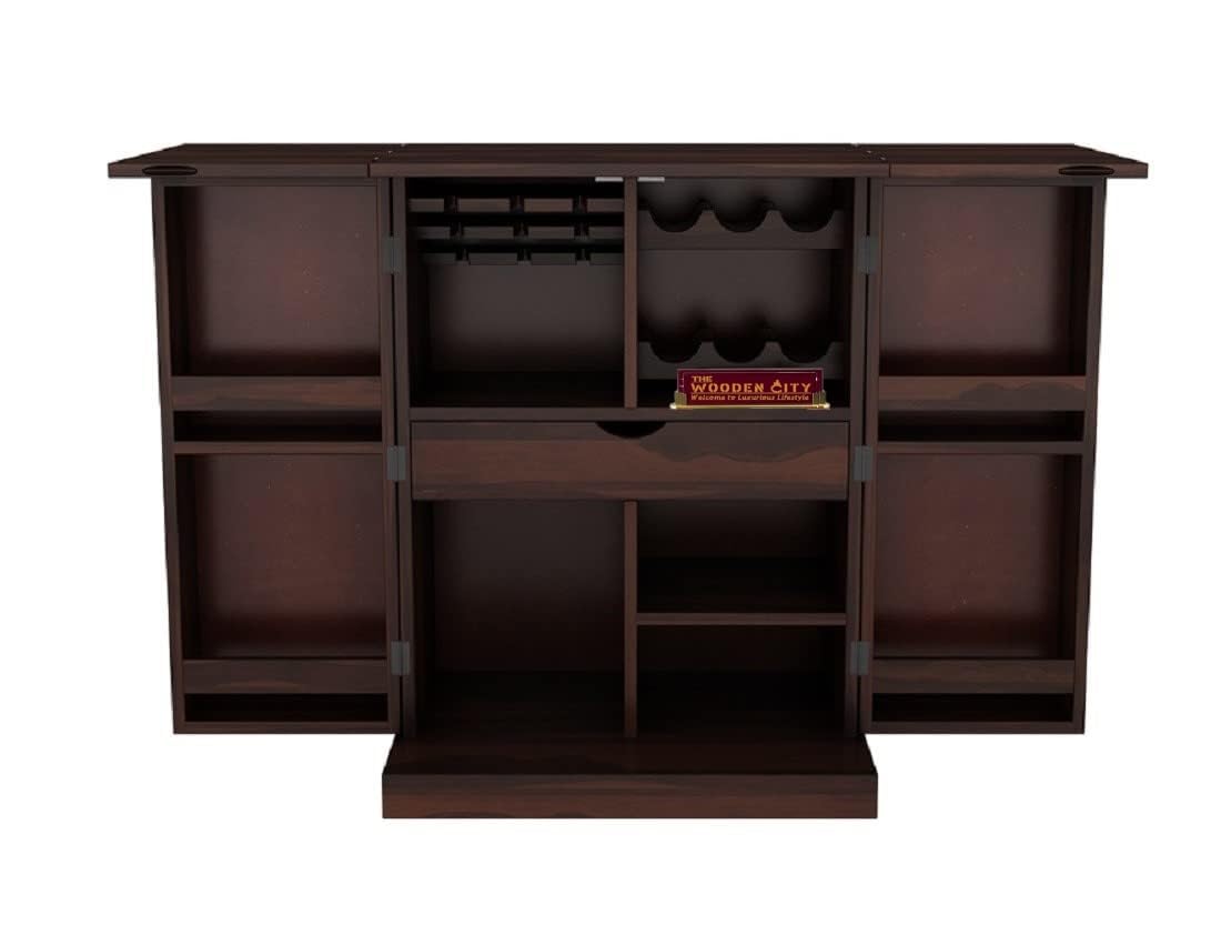 THE WOODEN CITY Solid Sheesham Wood Bar Cabinet Wine Storage Rack with Drawer & Glass Holder, Wooden for Home and Bar Furniture (Walnut2door, Standard)