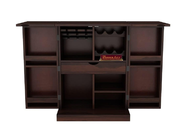 THE WOODEN CITY Solid Sheesham Wood Bar Cabinet Wine Storage Rack with Drawer & Glass Holder, Wooden for Home and Bar Furniture (Walnut2door, Standard)