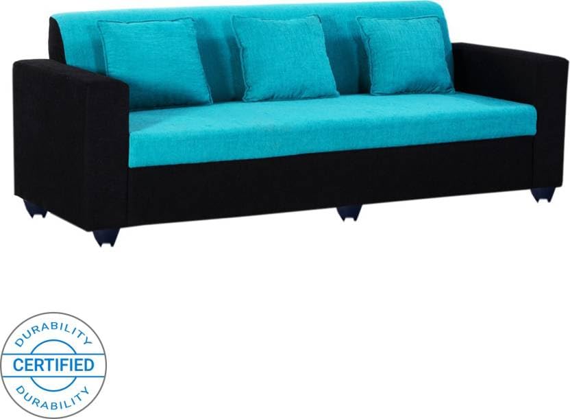 THE WOODEN CITY Fabric 3 Seater Sofa | Wooden Sofa Set for Living Room, Couch Sofa for Living Room, Home & Office - Black & Blue