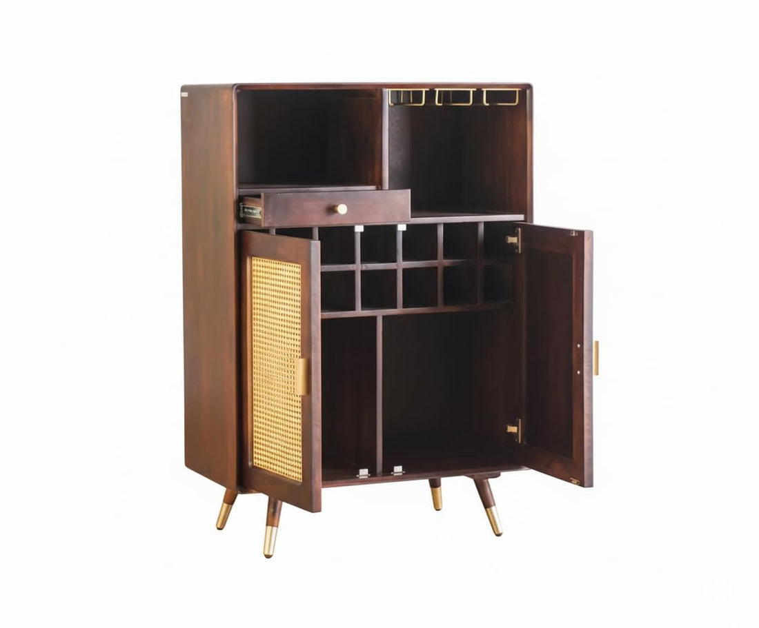 THE WOODEN CITY Wood Rattan Cane Bar Cabinet with Glass Holder Storage (Walnut,Standard)