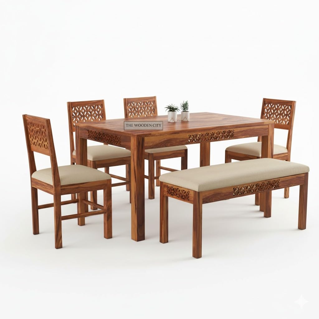 Solid Sheesham Wood Six Seater Dining Table Set with 6 Cushion Chairs for Dining Room Living Room Home | Dining Table | 6 Seater Dining Table Set (Honey6s Ben, 6 Seater)