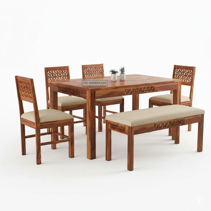 Solid Sheesham Wood Six Seater Dining Table Set with 6 Cushion Chairs for Dining Room Living Room Home | Dining Table | 6 Seater Dining Table Set (Honey6s Ben, 6 Seater)
