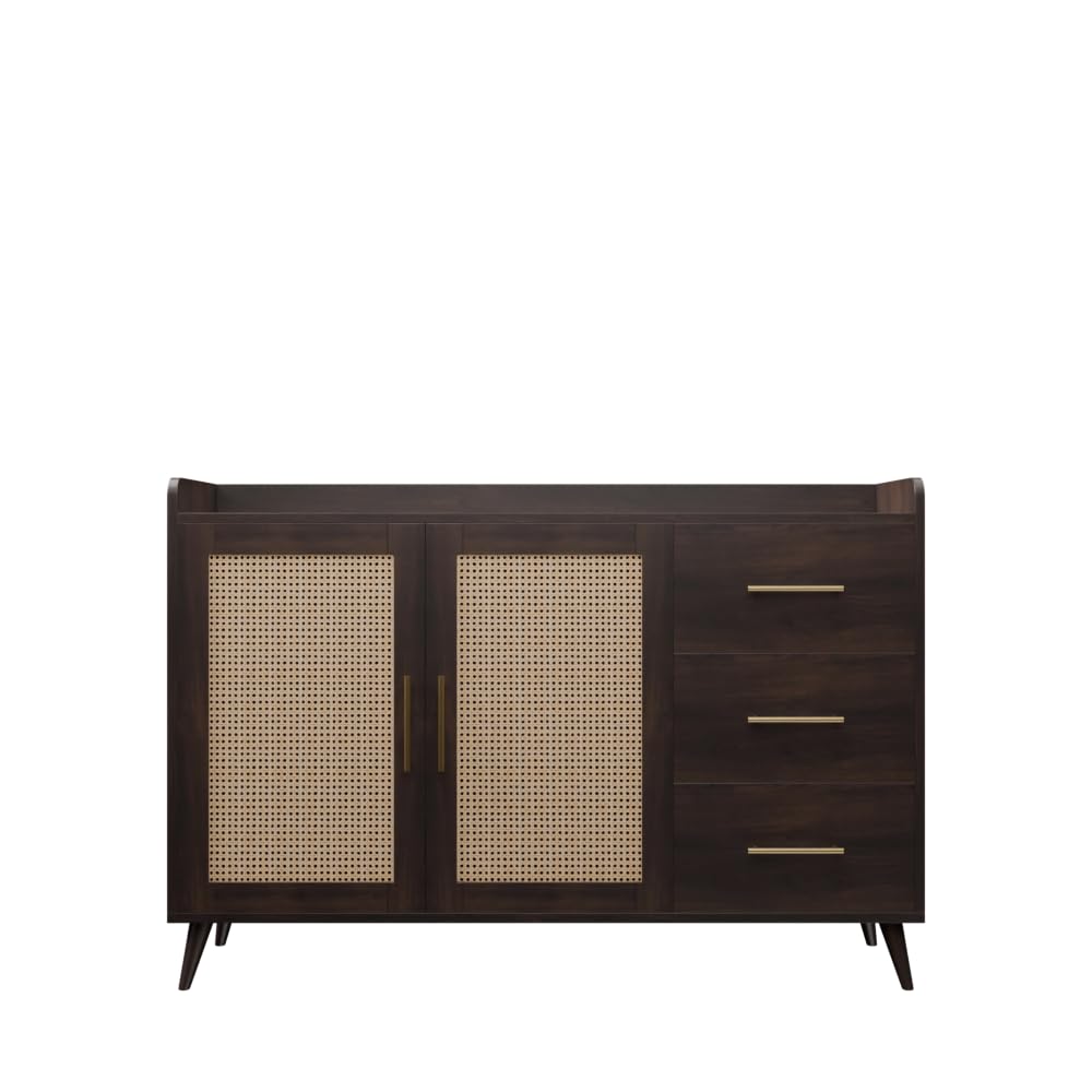 Rattan Cane Solid Sheesham Wood Bar Cabinet Wine Storage Rack with Drawer & Glass Holder, Wooden for Home and Bar Furniture (Walnut)