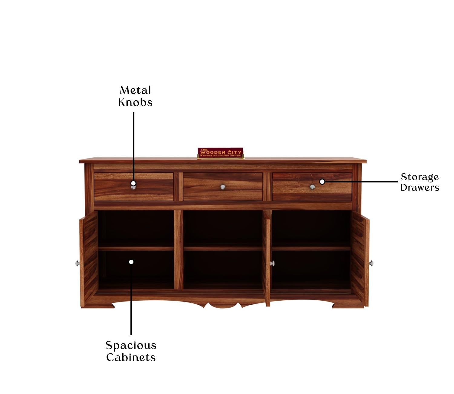 THE WOODEN CITY Solid Sheesham Wood Sideboard Tv Cabinet for Living Room | Free Standing Movable Tv Unit Side Board Table with Drawer Storage Furniture for Home