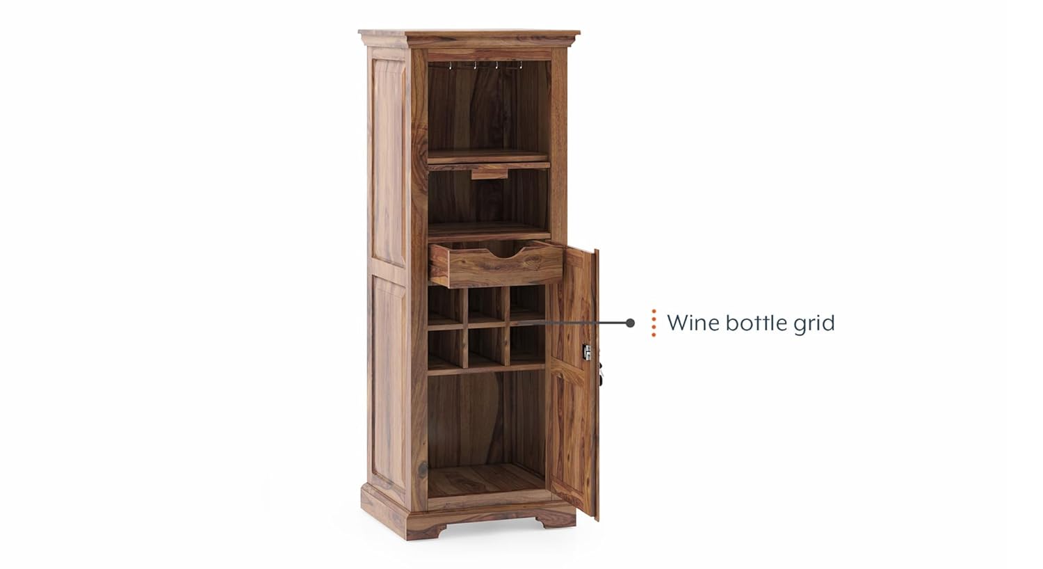 THE WOODEN CITY Solid Sheesham Wood Wine Cabinet Wooden Bar Cabinet Storage Rack with Drawer and Glass Holder Wooden for Home and Bar Furniture (Natural Honey) with Lock Child safty