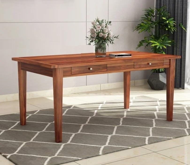 THE WOODEN CITY Wooden Storage Dining Table Solid Sheesham Wood 6 Seater | Dining Room Furniture - Walnut/Honey