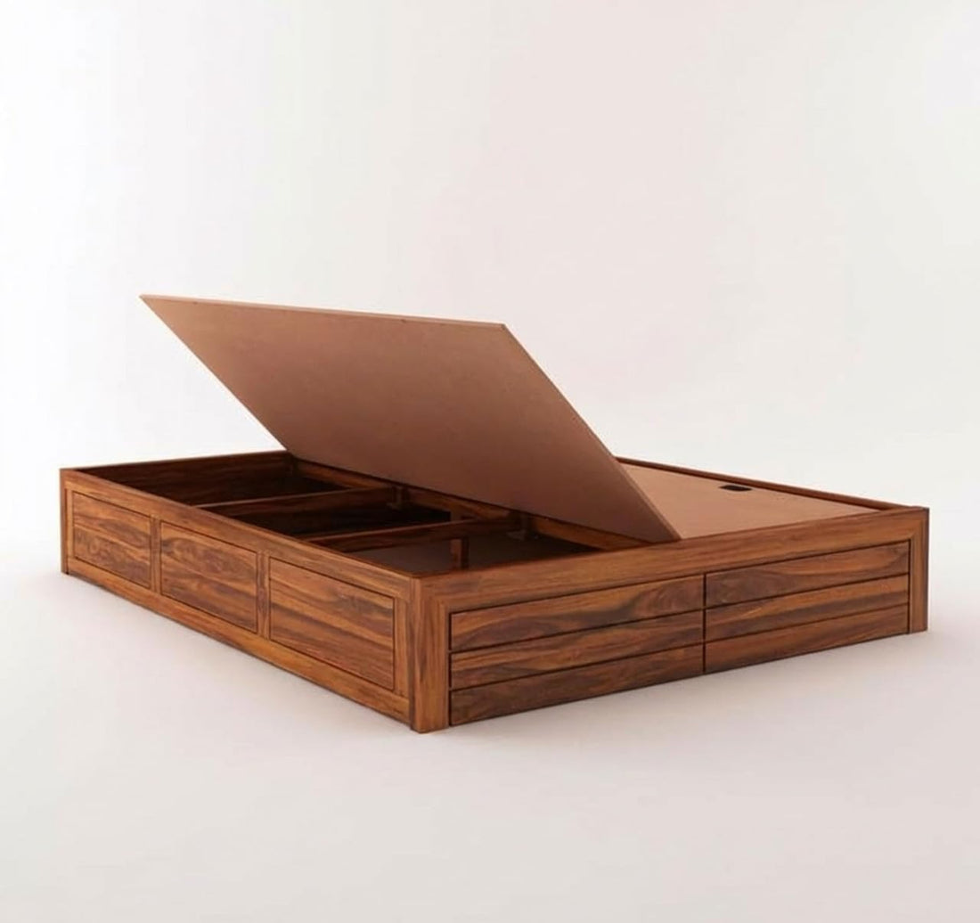 Solid Sheesham Wood King Size Bed with Box Storage | Wooden Double Bed Cot Without Headboard | Storage Bed Frame for Bedroom Furniture (Natural Finish