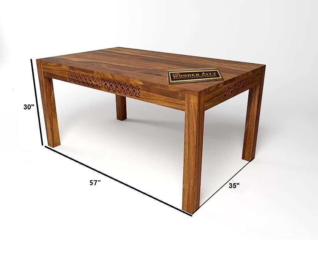 THE WOODEN CITY Solid Sheesham Wood Six Seater Dining Table Set with 6 Cushion cnc Chairs for Dining Room honey