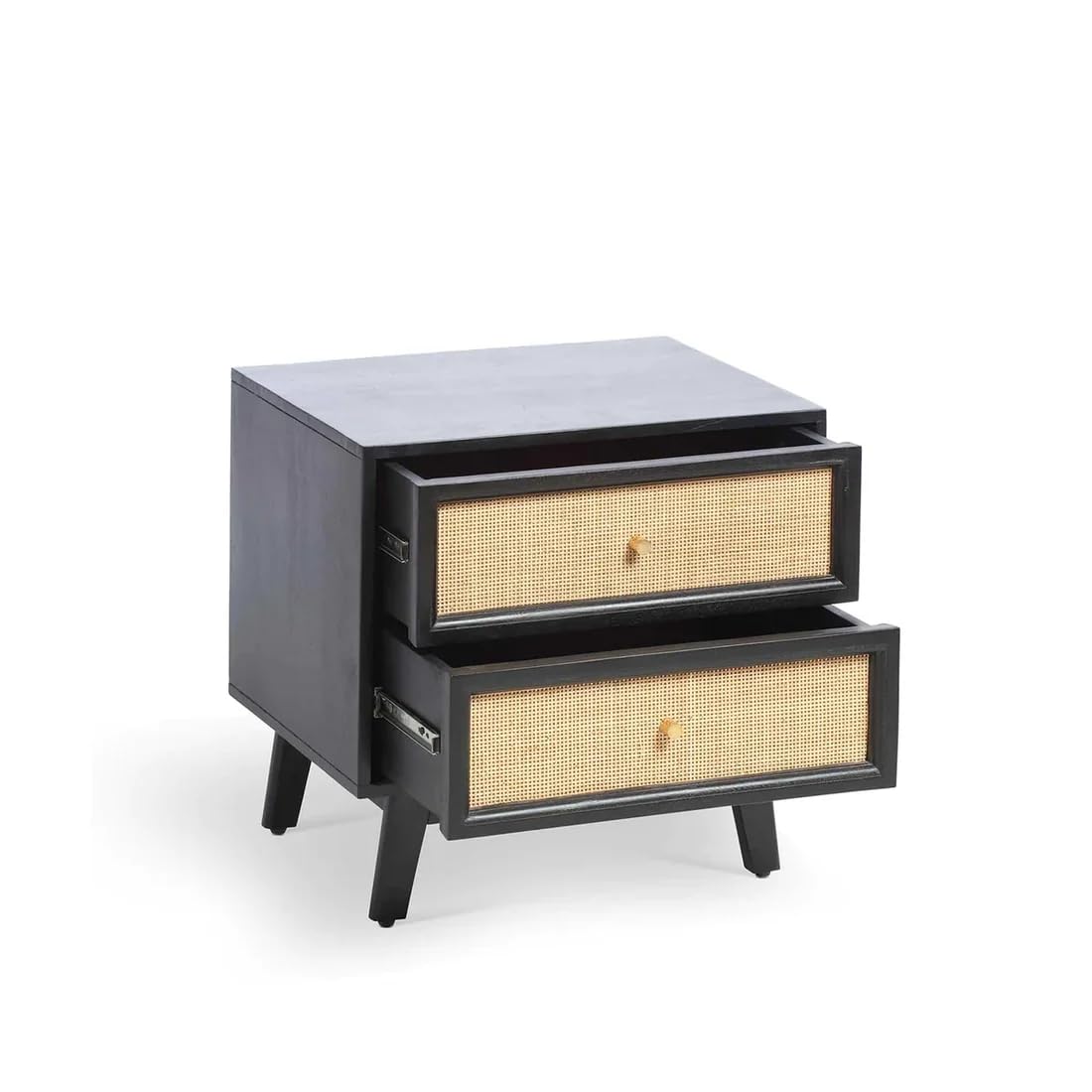 Mango Solid Wood Rattan Bedside & Sofa Side Table/End Table |Wooden Cane Night Stand with Storage for Bedroom & Living Room Furniture (Walnut)