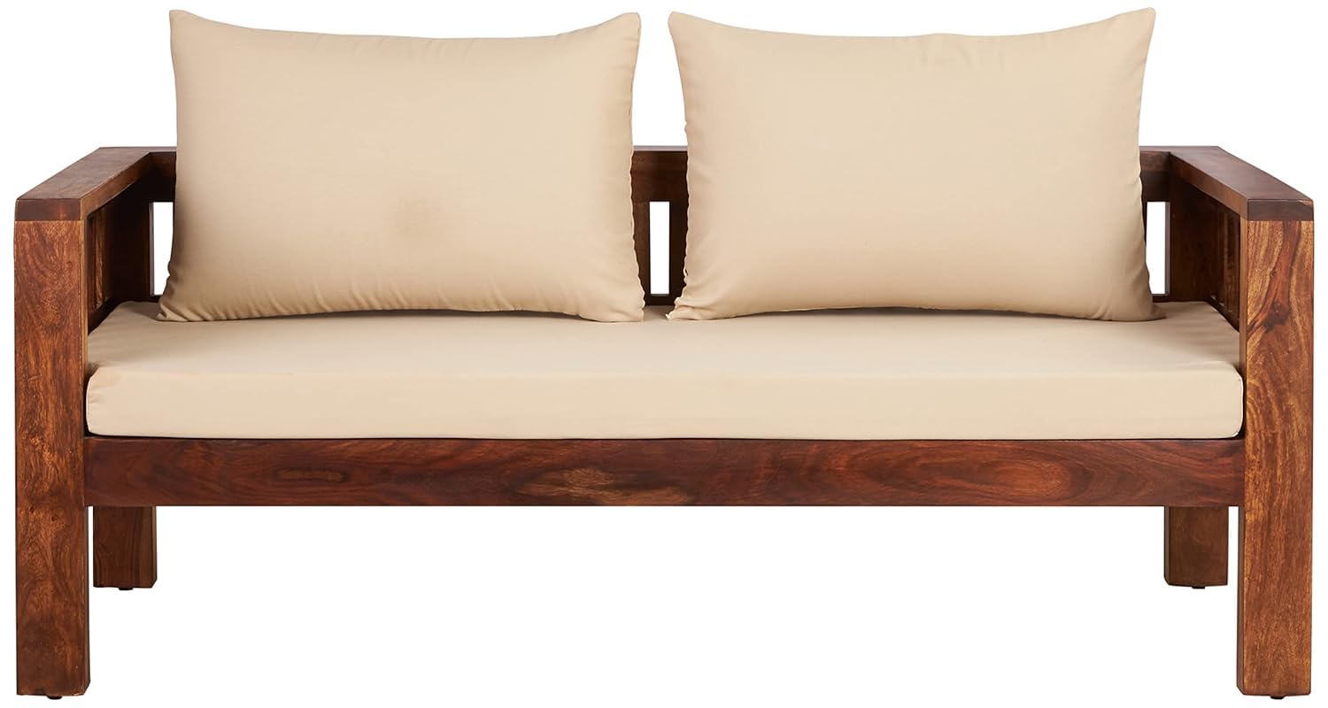 THE WOODEN CITY Solid Sheesham Wood 2-Seater Sofa with Cushions (Natural Finish)