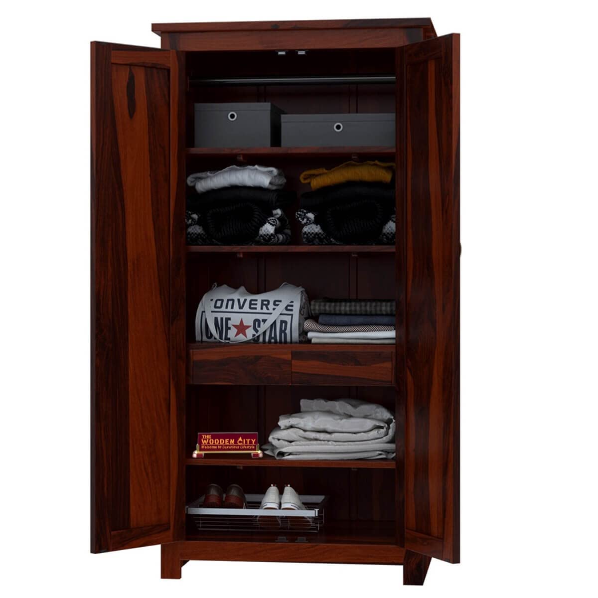 THE WOODEN CITY Sheesham Solid Wood Wardrobe, Wardrobe for Clothes, Almirah for Clothes for Bedroom & Living Room Furniture - Mahogany