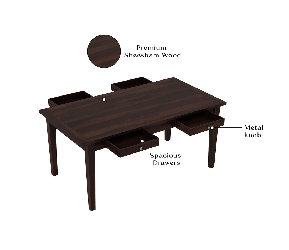 THE WOODEN CITY Wooden Storage Dining Table Solid Sheesham Wood 6 Seater | Dining Room Furniture - Walnut/Honey