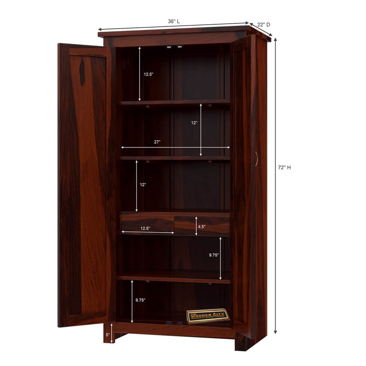 THE WOODEN CITY Sheesham Solid Wood Wardrobe, Wardrobe for Clothes, Almirah for Clothes for Bedroom & Living Room Furniture - Mahogany