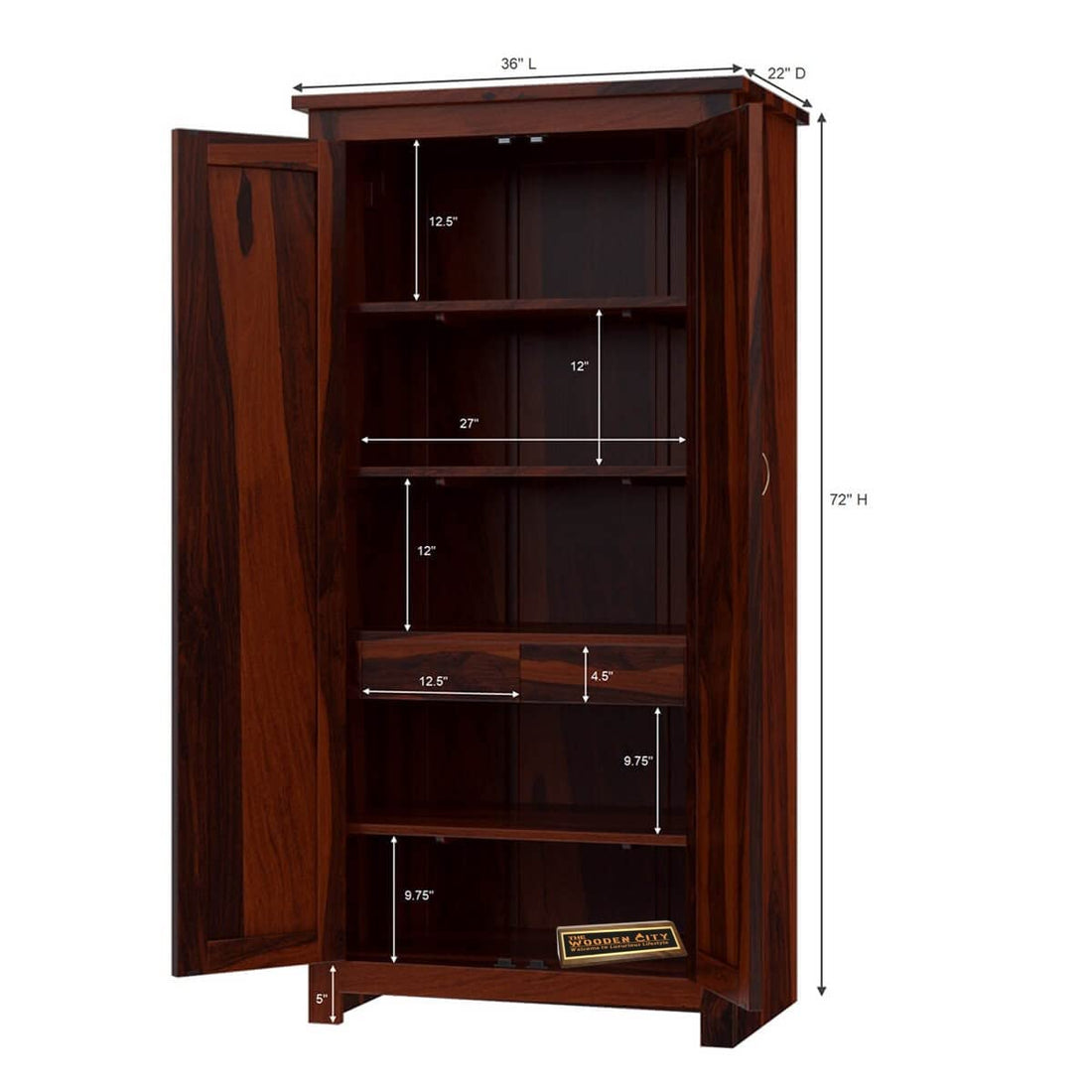 THE WOODEN CITY Sheesham Solid Wood Wardrobe, Wardrobe for Clothes, Almirah for Clothes for Bedroom & Living Room Furniture - Mahogany