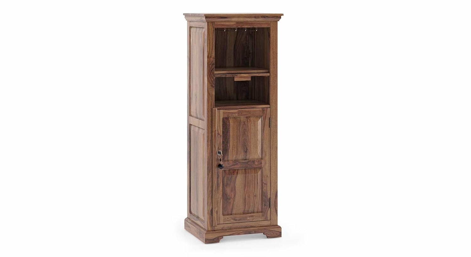 THE WOODEN CITY Solid Sheesham Wood Wine Cabinet Wooden Bar Cabinet Storage Rack with Drawer and Glass Holder Wooden for Home and Bar Furniture (Natural Honey) with Lock Child safty