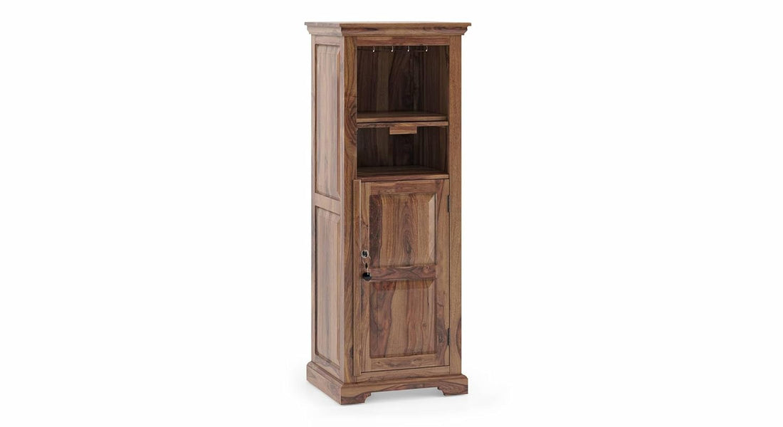 THE WOODEN CITY Solid Sheesham Wood Wine Cabinet Wooden Bar Cabinet Storage Rack with Drawer and Glass Holder Wooden for Home and Bar Furniture (Natural Honey) with Lock Child safty