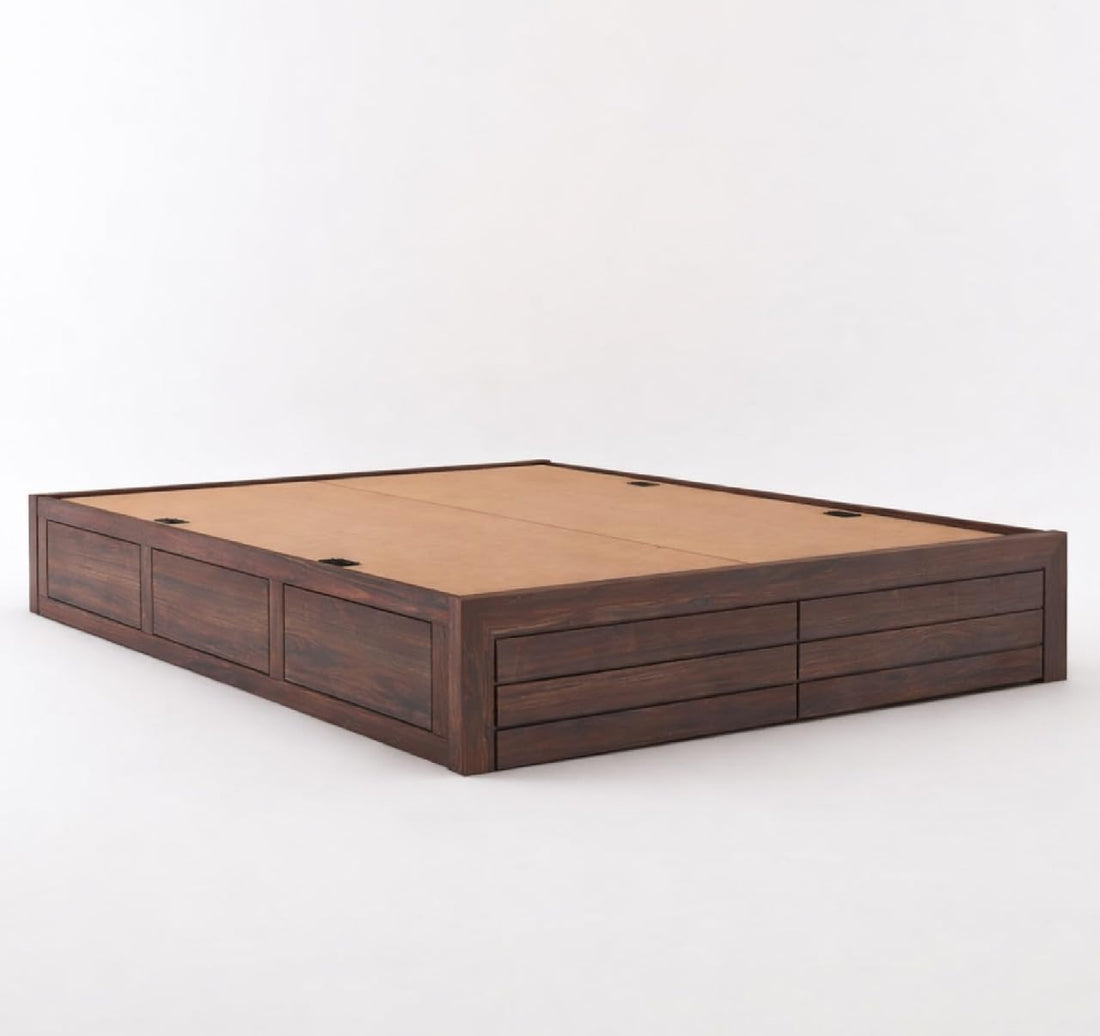 Solid Sheesham Wood King Size Bed with Box Storage | Wooden Double Bed Cot Without Headboard | Storage Bed Frame for Bedroom Furniture  (Walnut Finish)