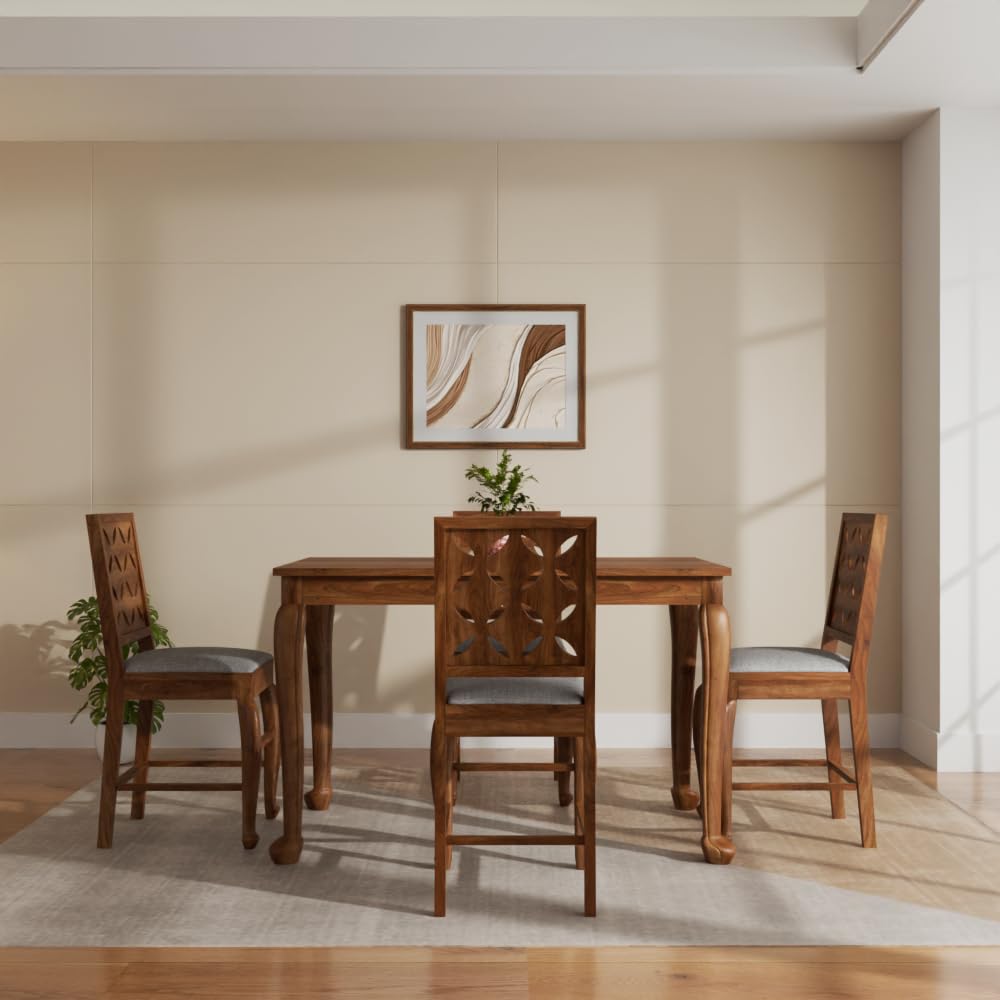 THE WOODEN CITY Sheesham Wood 4 Seater Dining Set | Table with Includes Cushion Chairs | Solid Wood Dining Table Set for Dining Room (Honey Cou, 4 Seater)