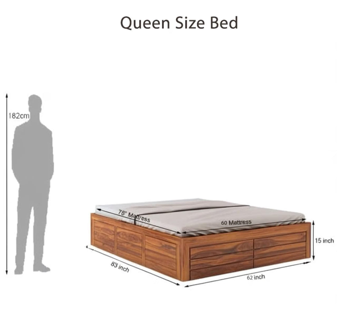 Solid Sheesham Wood Queen Size Bed with Box Storage | Wooden Double Bed Cot Without Headboard | Storage Bed Frame for Bedroom Furniture (Natural Finish