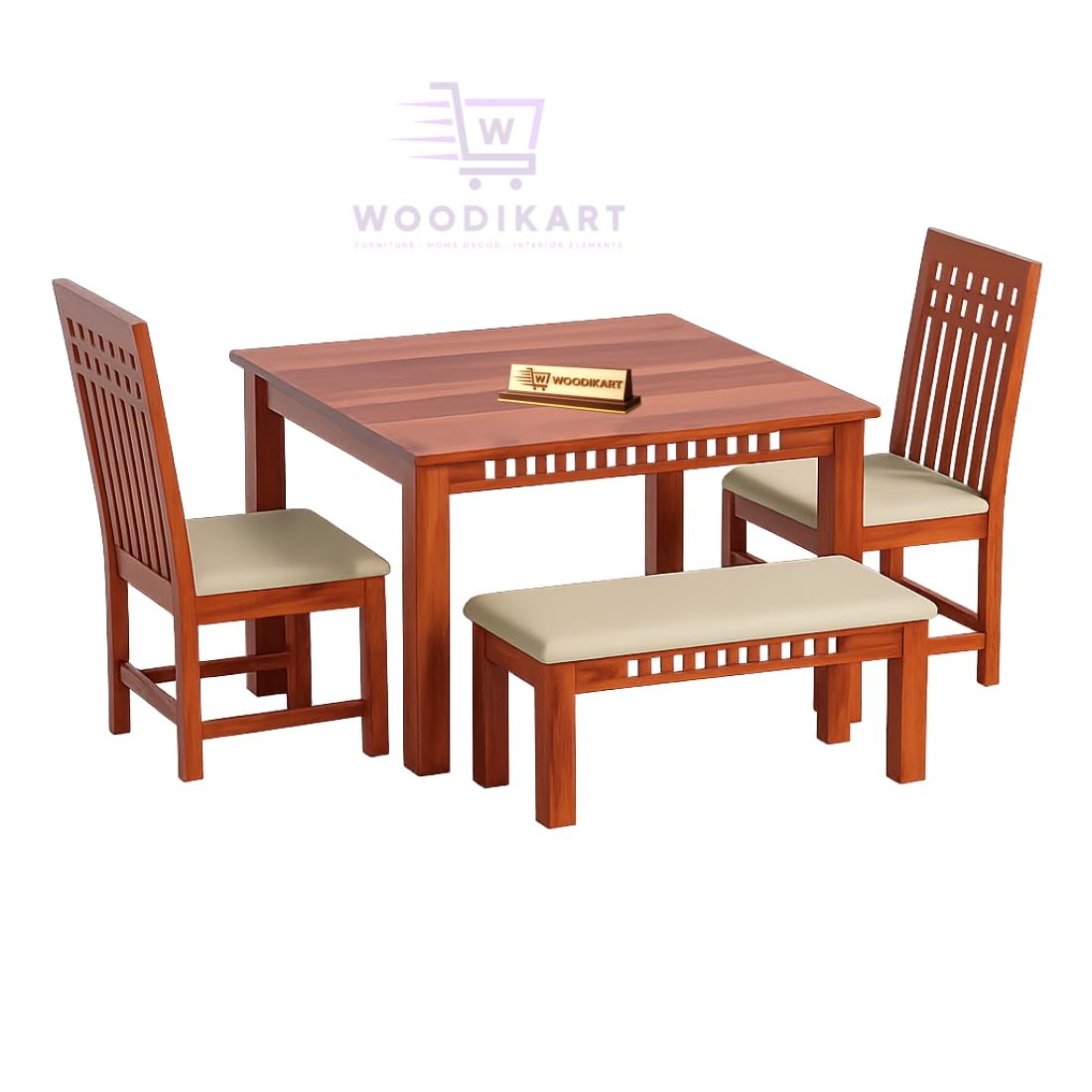 Solid Sheesham Wood Dining Table with Chairs & Bench | Wooden Dinner Table Set for Dinning Room Home & Hotel| Modern Dining Room Set | Customer Self Assembly (Honey U, 4 Seater)