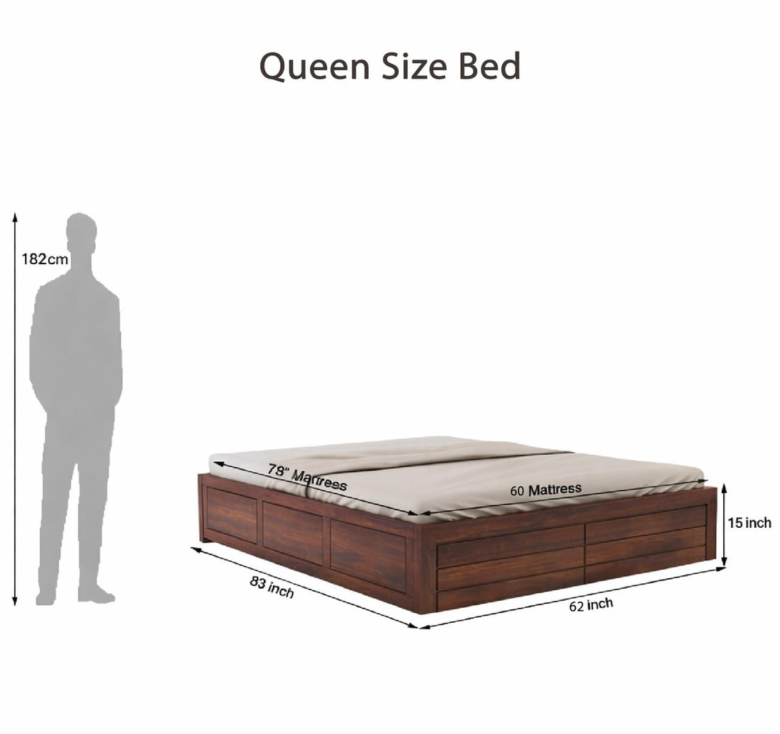 Solid Sheesham Wood Queen Size Bed with Box Storage | Wooden Double Bed Cot Without Headboard | Storage Bed Frame for Bedroom Furniture(Walnut Finish)