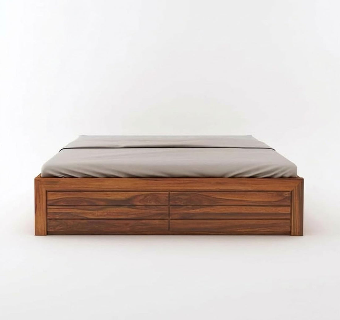 Solid Sheesham Wood King Size Bed with Box Storage | Wooden Double Bed Cot Without Headboard | Storage Bed Frame for Bedroom Furniture (Natural Finish