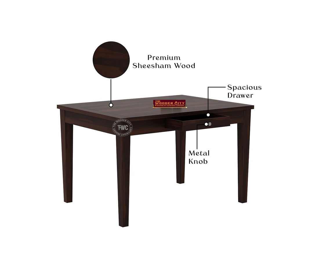 THE WOODEN CITY®️ Solid Sheesham Wood Dining Table 4 Seater Set with 2 Chairs & 1 Bench & Drawer Storage Dinner Table Set