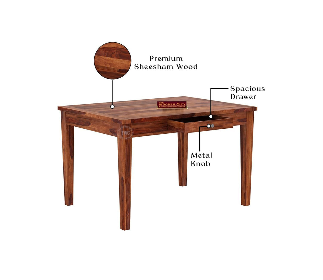 THE WOODEN CITY Solid Sheesham Wood 4 Seater Dining Set Dining Table Set with Cushioned Chairs and Drawer Storage for Dining Room | Living Room | Home & Office | Hotels Restaurant(HONEY)