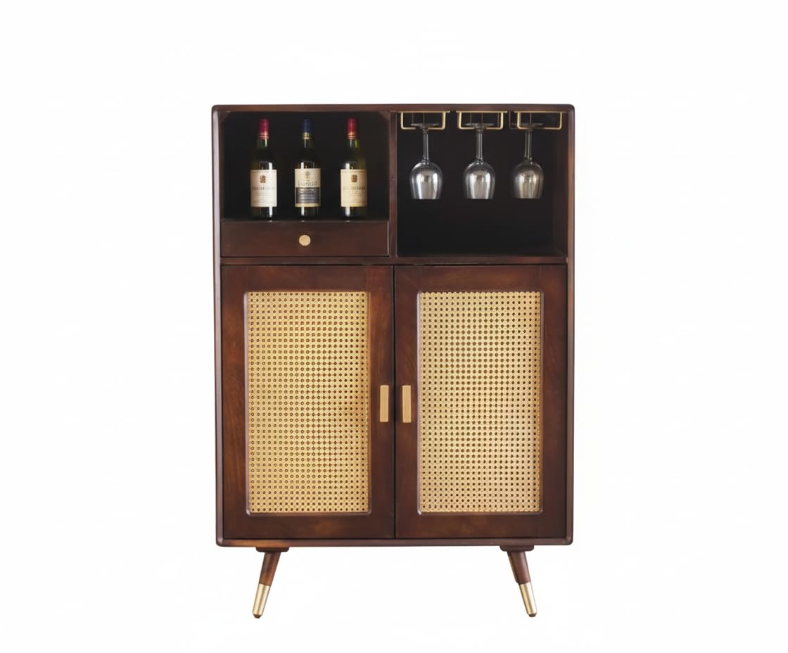 THE WOODEN CITY Wood Rattan Cane Bar Cabinet with Glass Holder Storage (Walnut,Standard)