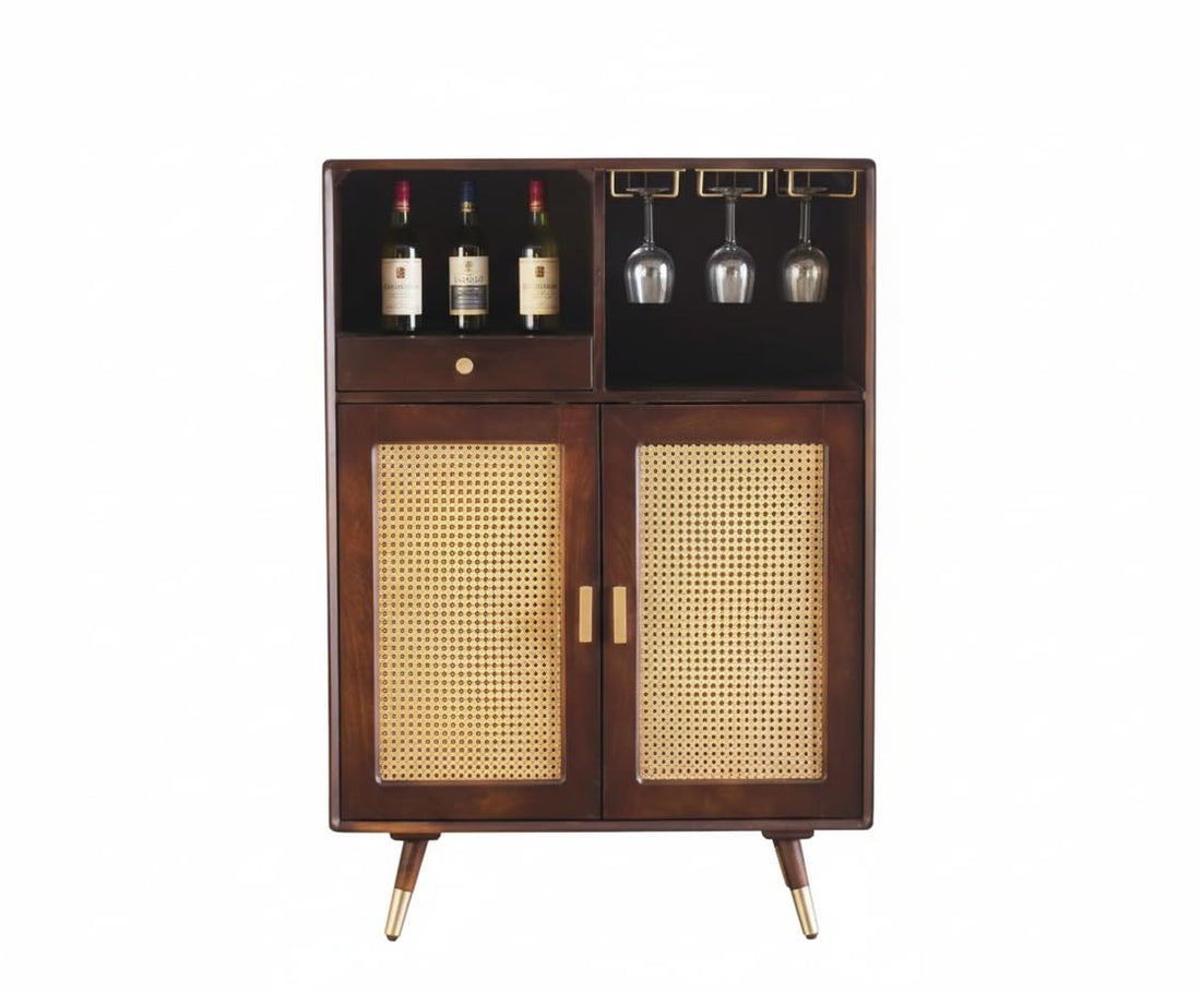 THE WOODEN CITY Wood Rattan Cane Bar Cabinet with Glass Holder Storage (Walnut,Standard)