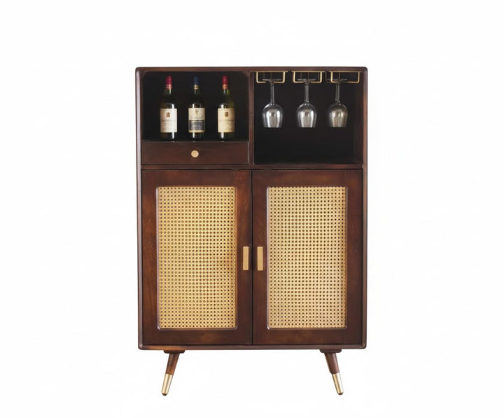 THE WOODEN CITY Wood Rattan Cane Bar Cabinet with Glass Holder Storage (Walnut,Standard)