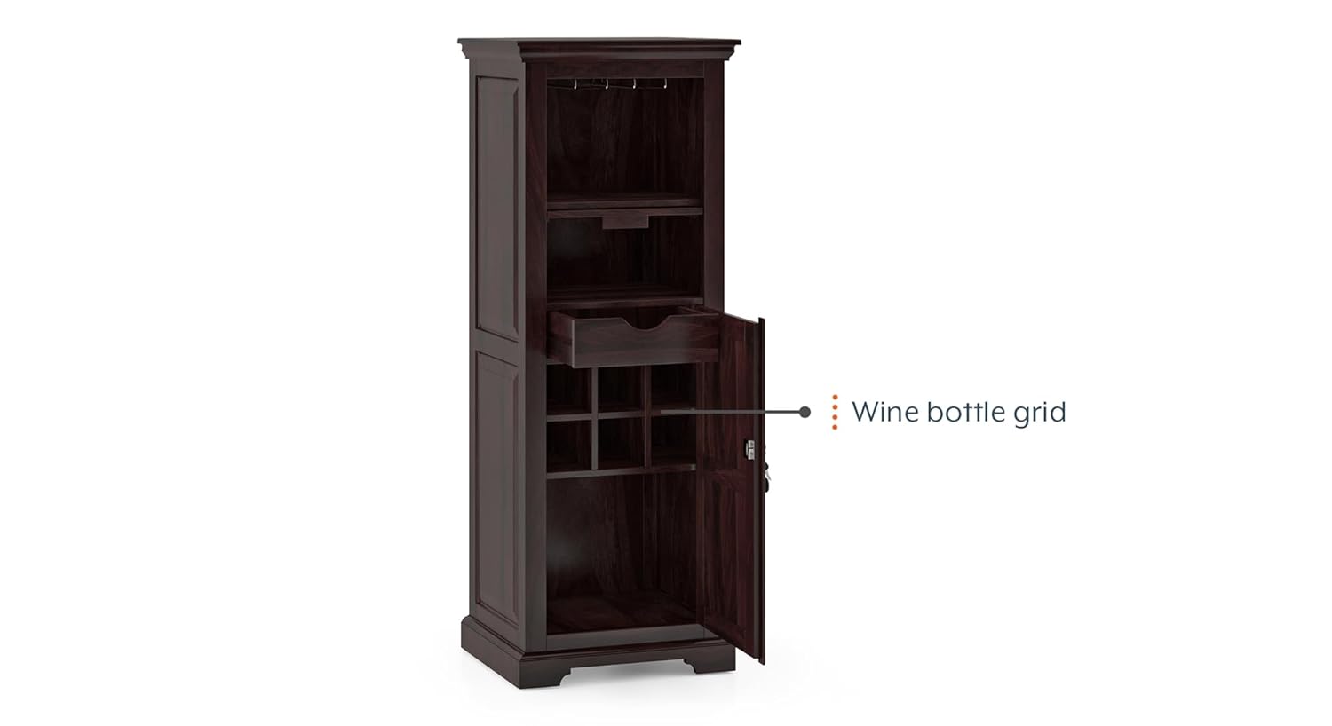 THE WOODEN CITY Solid Sheesham Wood Wine Cabinet Wooden Bar Cabinet Storage Rack with Drawer & Glass Holder, Wooden for Home and Bar Furniture (Walnut) with Lock