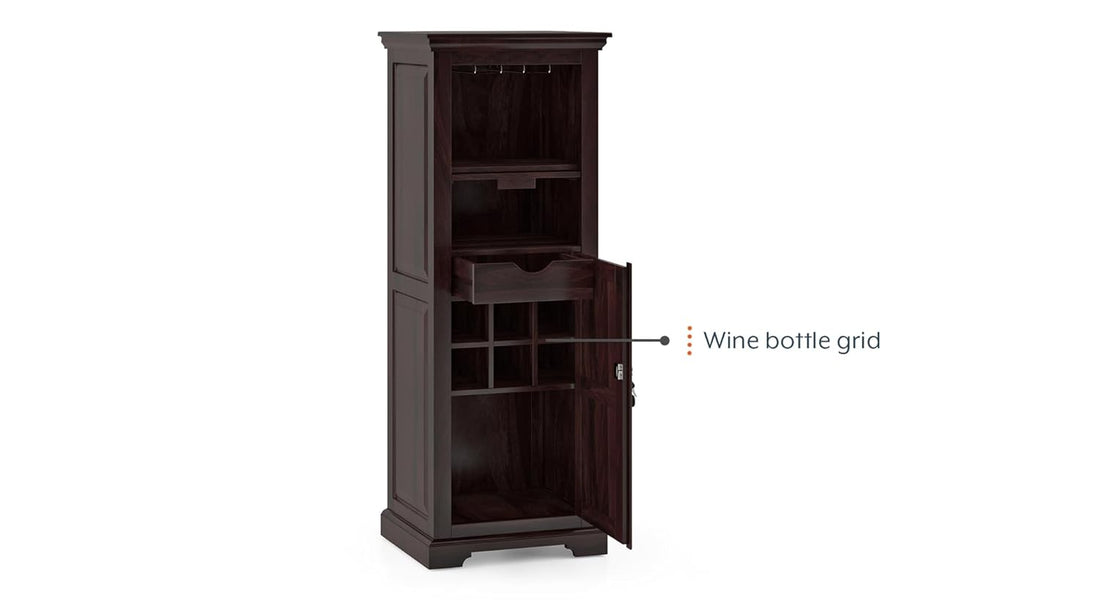 THE WOODEN CITY Solid Sheesham Wood Wine Cabinet Wooden Bar Cabinet Storage Rack with Drawer & Glass Holder, Wooden for Home and Bar Furniture (Walnut) with Lock