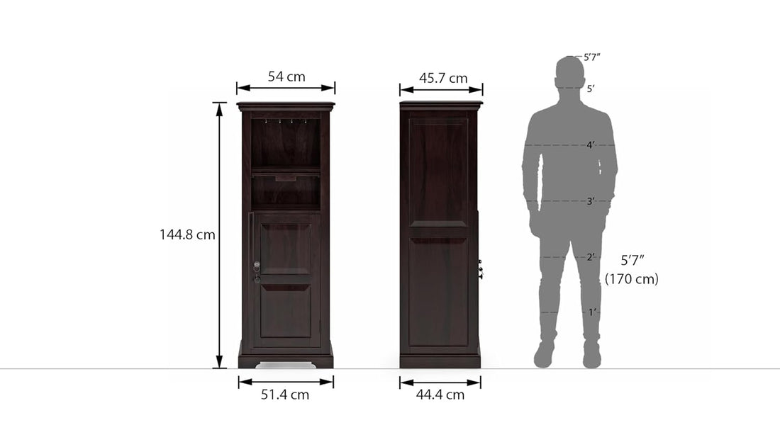 THE WOODEN CITY Solid Sheesham Wood Wine Cabinet Wooden Bar Cabinet Storage Rack with Drawer & Glass Holder, Wooden for Home and Bar Furniture (Walnut) with Lock