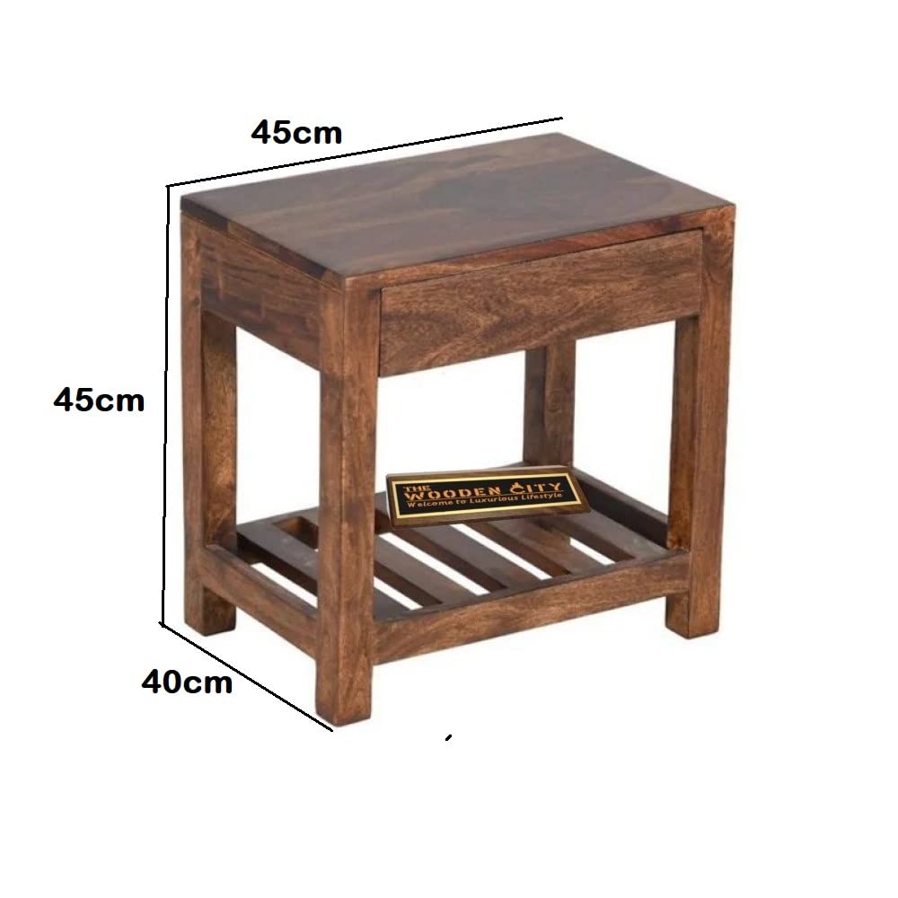 THE WOODEN CITY Sheesham Solid Wood Bedside & Sofa Side Table/End Table and Night Stand with Storage for Bedroom & Living Room Furniture - mohgany|TWC-F39