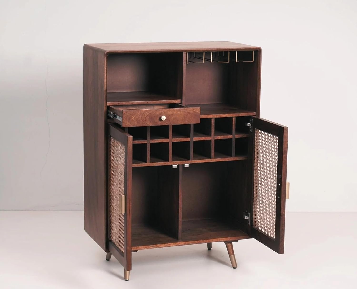 THE WOODEN CITY Wood Rattan Cane Bar Cabinet with Glass Holder Storage (Walnut,Standard)