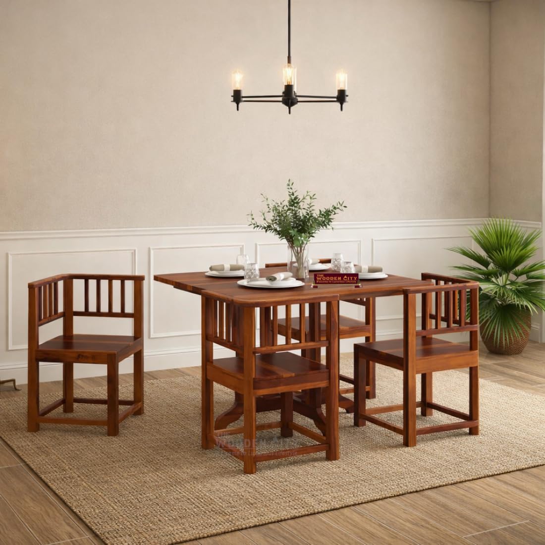 Solid Sheesham Wood 4 Seater Dining Set | Wooden Table Set for Dinning Room Home,Hotel and Office| Modern Dining Room Set (Honey n4)