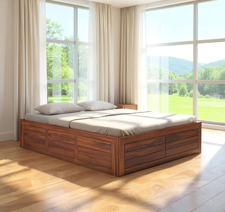 Solid Sheesham Wood Queen Size Bed with Box Storage | Wooden Double Bed Cot Without Headboard | Storage Bed Frame for Bedroom Furniture (Natural Finish