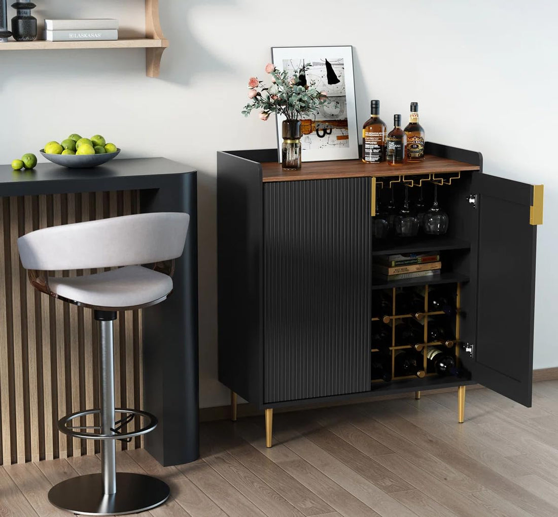 THE WOODEN CITY Solid Wood Wine Cabinet | Wooden Bar Cabinet Storage Rack with Drawer & Glass Holder, Wooden for Home and Bar Furniture (Black)