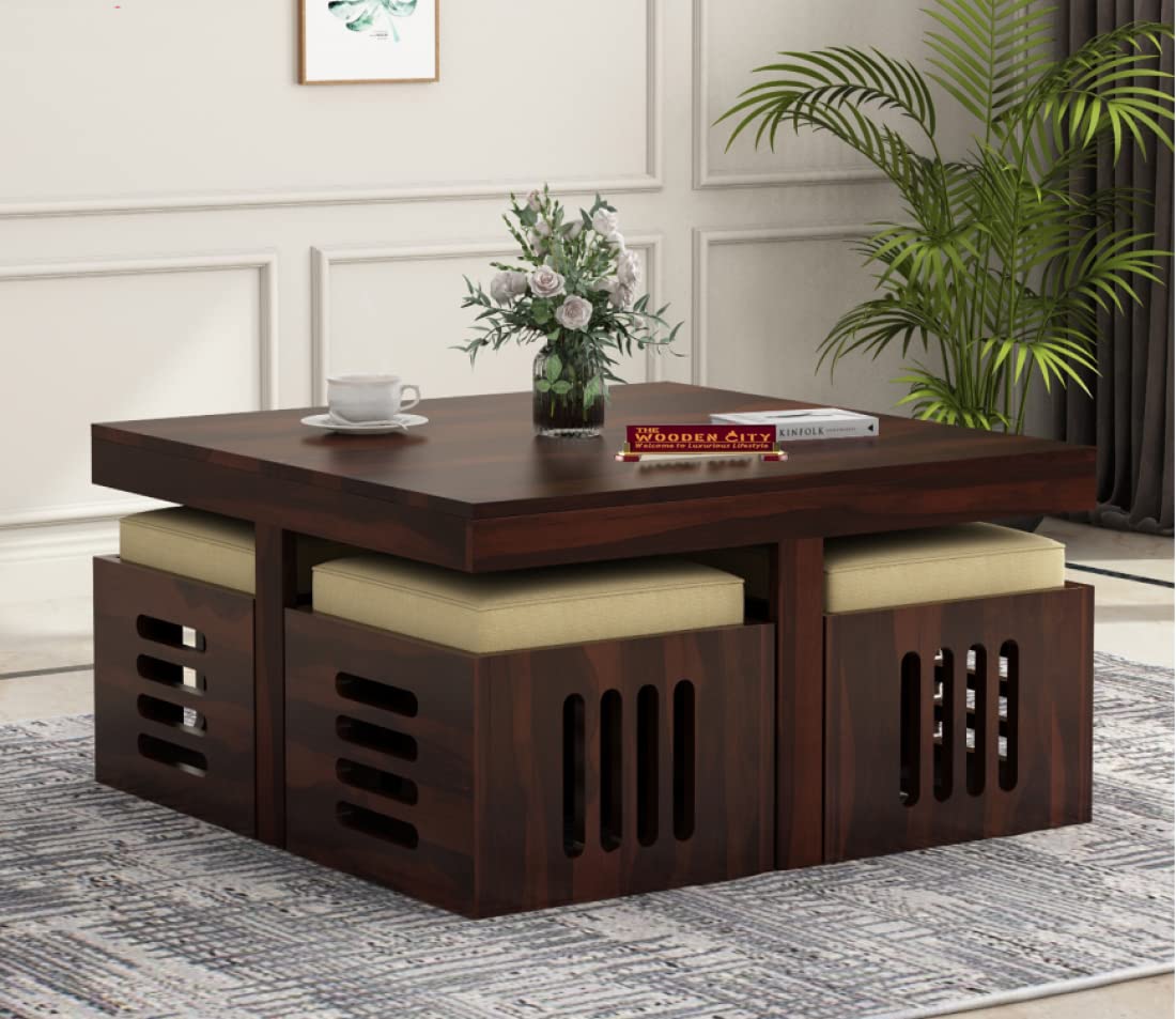 Solid Sheesham Wood Coffee Table with 4 Relaxing Cushion Stool for Living Room | Wooden Table| Small Space Center Table to Look Like Royal Outdoor and Indoor (Walnut)