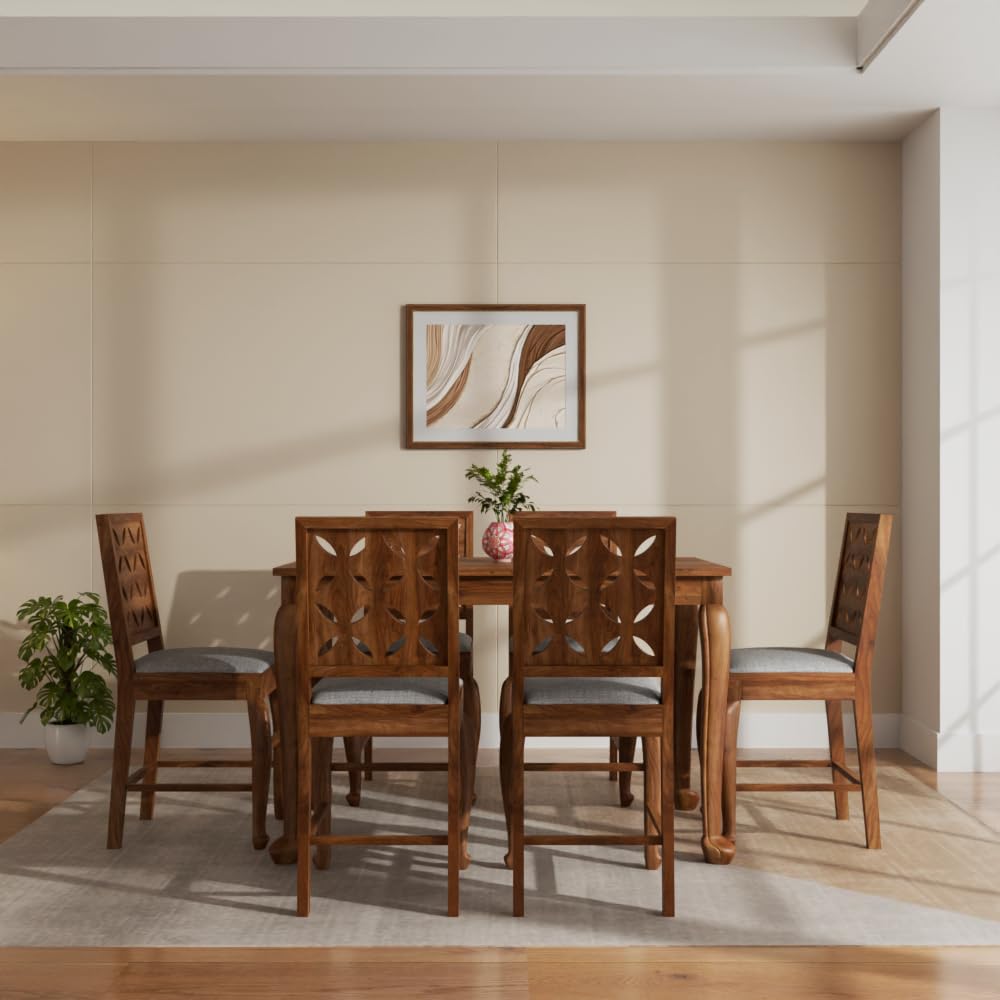 THE WOODEN CITY Sheesham Wood 6 Seater Dining Set | Table with Includes Cushion Chairs | Solid Wood Dining Table Set for Dining Room (Honey Cou, 6 Seater)